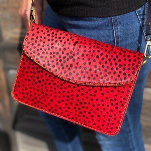 Women Genuine Leather Crossbody Shoulder Bag Hair On Hide Handmade Red Cheetah